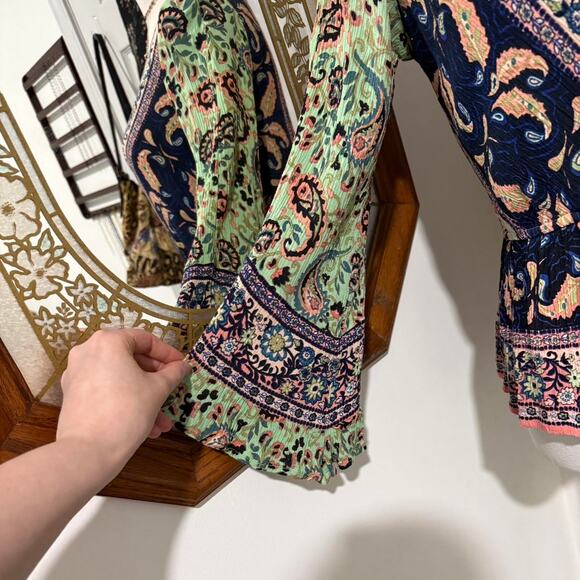 Free People Rosalie Mint Green & Peachy Orange Paisley Bell Sleeve Faux Wrap Top - Picture 3 of 8
